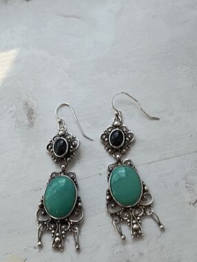 925 Sterling Silver Filigree Dangle Earrings with Turquoise and Black Accents
